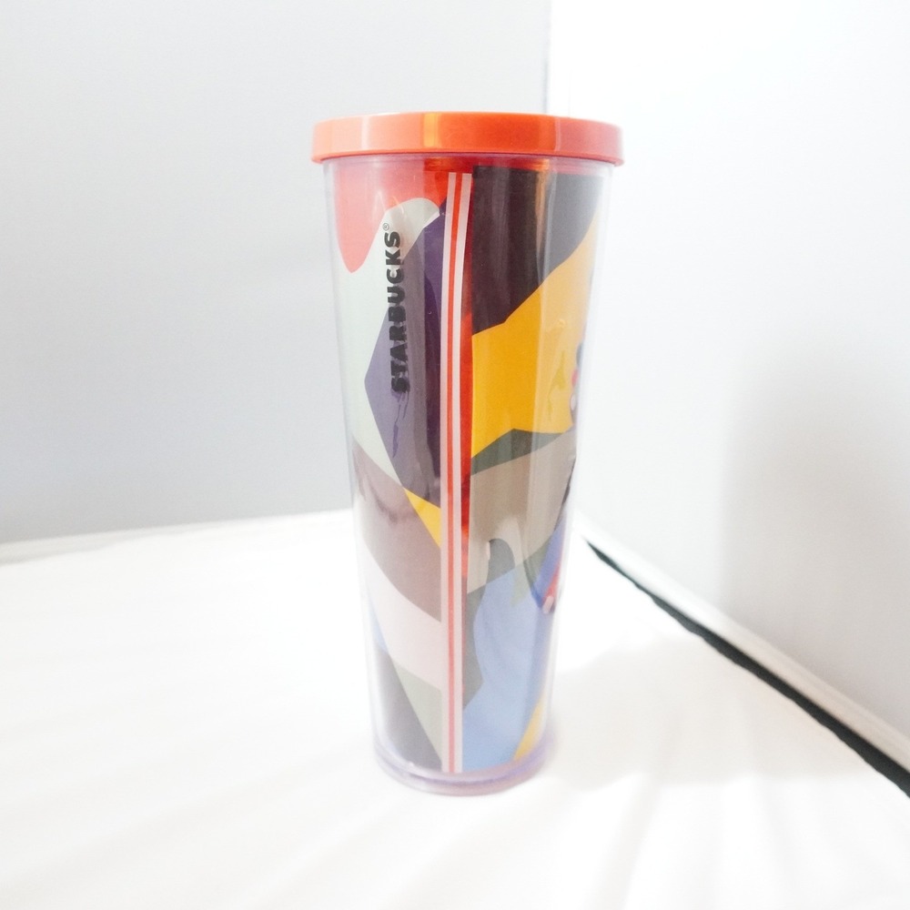 Starbucks Tumbler 24 oz Clear Geometric‎ Print Orange Lid BPA Free Reusable